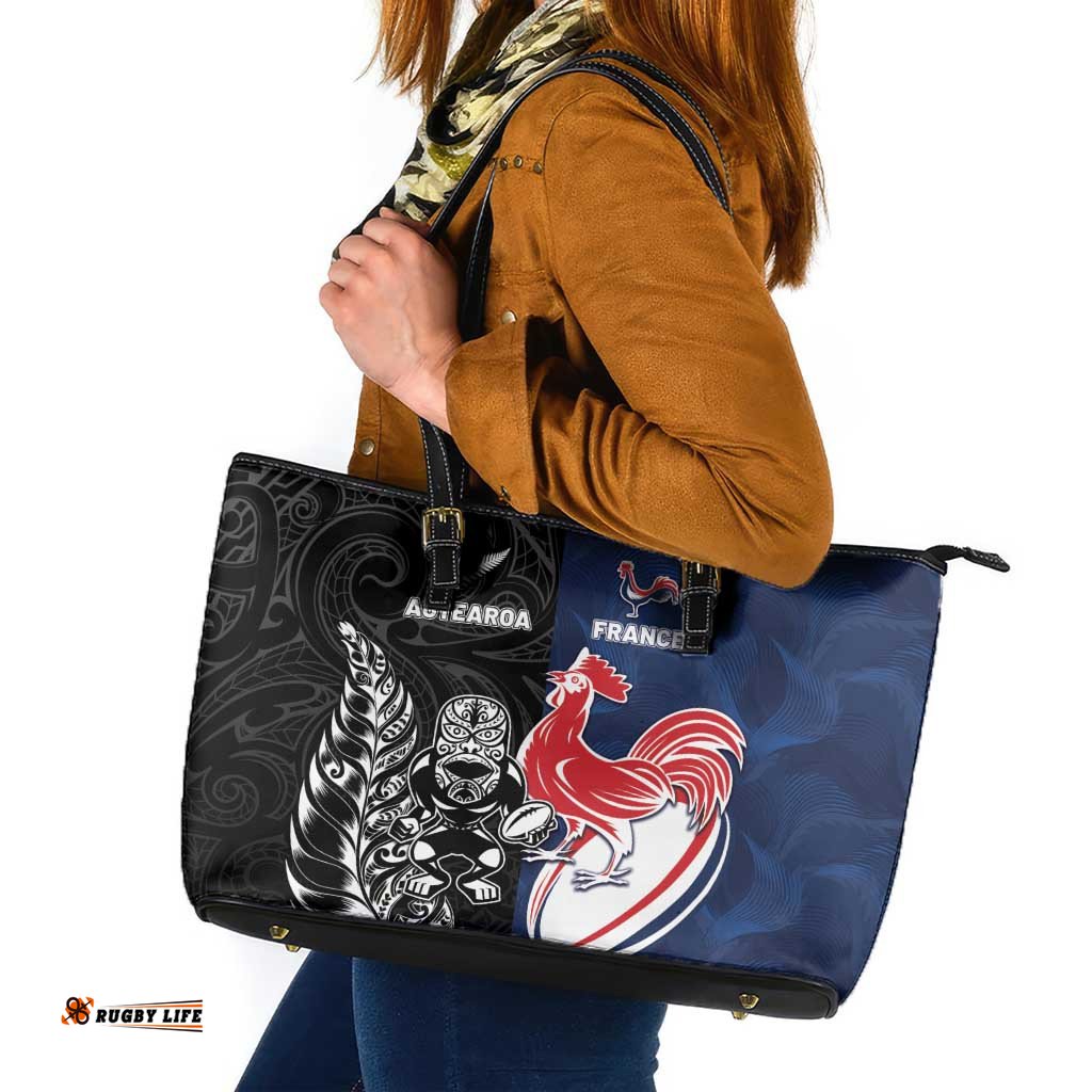 France And New Zealand Rugby Leather Tote Bag Les Bleus Rooster With Maori Tiki LT05