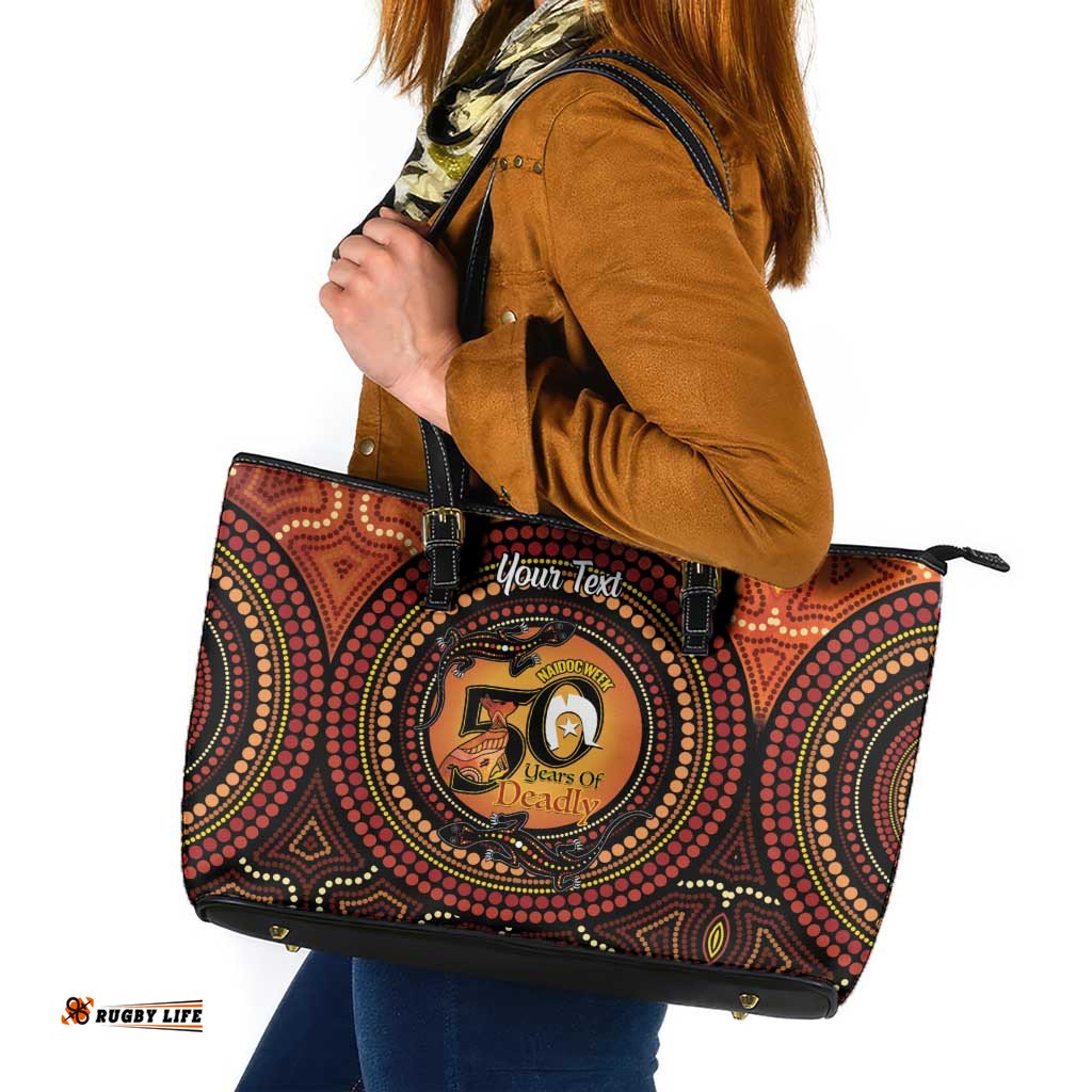 NAIDOC Week 2026 Personalised Leather Tote Bag 50 Years of Deadly Lizard Kangaroo Aboriginal Art LT14