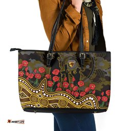 Hawthorn Hawks ANZAC Day Leather Tote Bag Indigenous Dot Art with Poppy Flower Tribute TS04