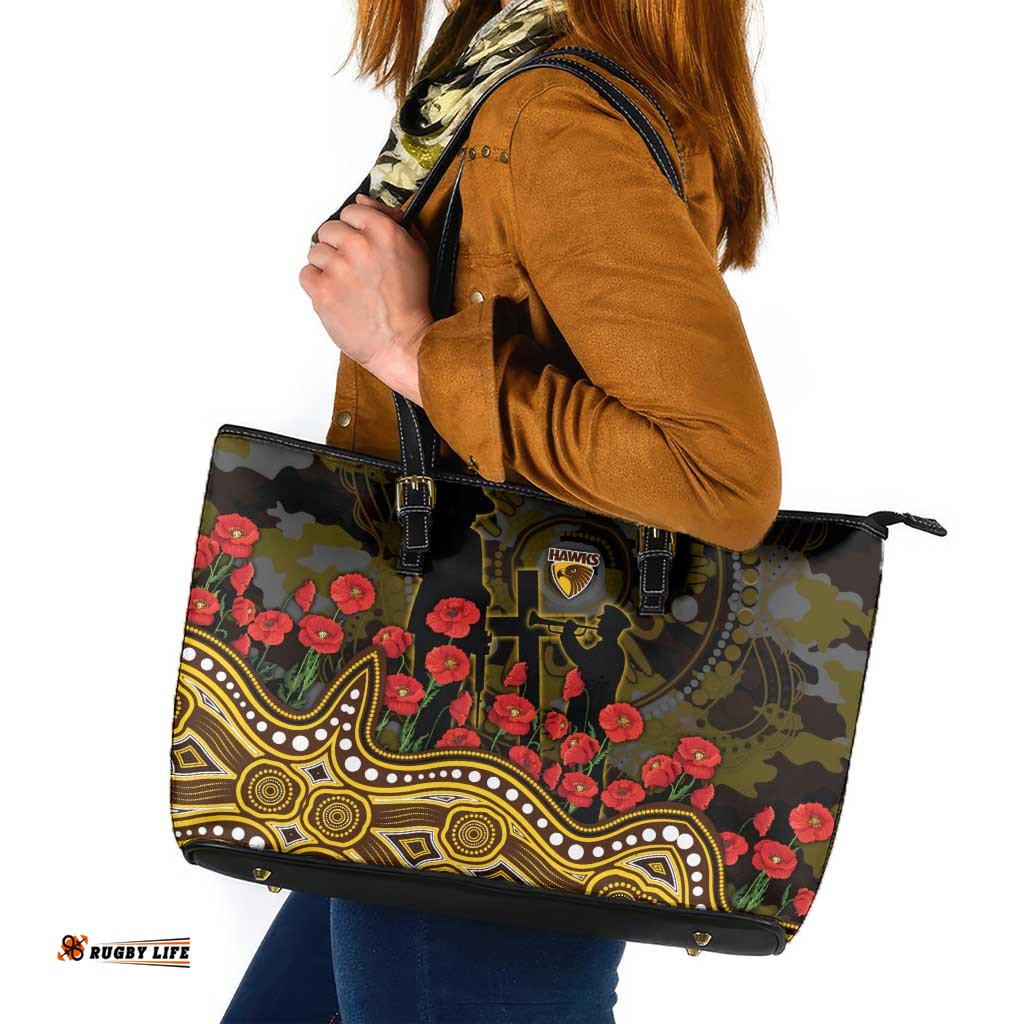 Hawthorn Hawks ANZAC Day Leather Tote Bag Indigenous Dot Art with Poppy Flower Tribute TS04