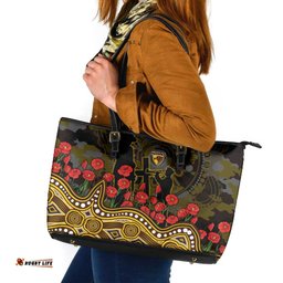 Hawthorn Hawks ANZAC Day Leather Tote Bag Indigenous Dot Art with Poppy Flower Tribute TS04