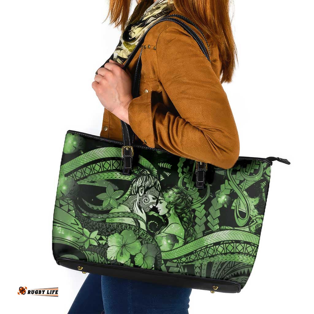 Maori Romantic Valentine Leather Tote Bag The Hongi Kiss Green Galaxy DT05