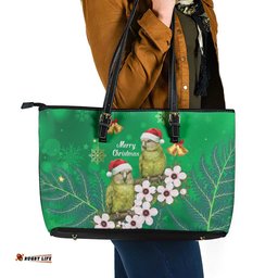 New Zealand Kakapo Christmas Leather Tote Bag Owl Parrot Santa Sliver Fern Manuka - Green LT14
