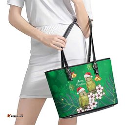 New Zealand Kakapo Christmas Leather Tote Bag Owl Parrot Santa Sliver Fern Manuka - Green LT14