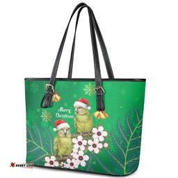 New Zealand Kakapo Christmas Leather Tote Bag Owl Parrot Santa Sliver Fern Manuka - Green LT14