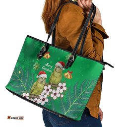 New Zealand Kakapo Christmas Leather Tote Bag Owl Parrot Santa Sliver Fern Manuka - Green LT14