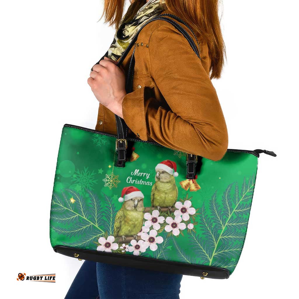 New Zealand Kakapo Christmas Leather Tote Bag Owl Parrot Santa Sliver Fern Manuka - Green LT14