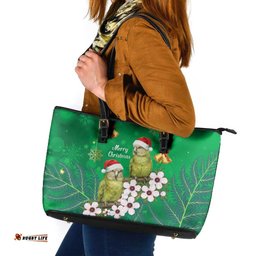 New Zealand Kakapo Christmas Leather Tote Bag Owl Parrot Santa Sliver Fern Manuka - Green LT14