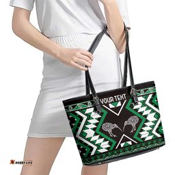 Personalised Taniko Motifs Aotearoa Leather Tote Bag Waitangi Kowhaiwhai Kiwi - Green LT7