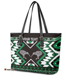 Personalised Taniko Motifs Aotearoa Leather Tote Bag Waitangi Kowhaiwhai Kiwi - Green LT7