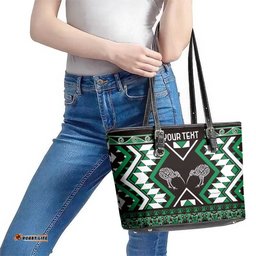 Personalised Taniko Motifs Aotearoa Leather Tote Bag Waitangi Kowhaiwhai Kiwi - Green LT7