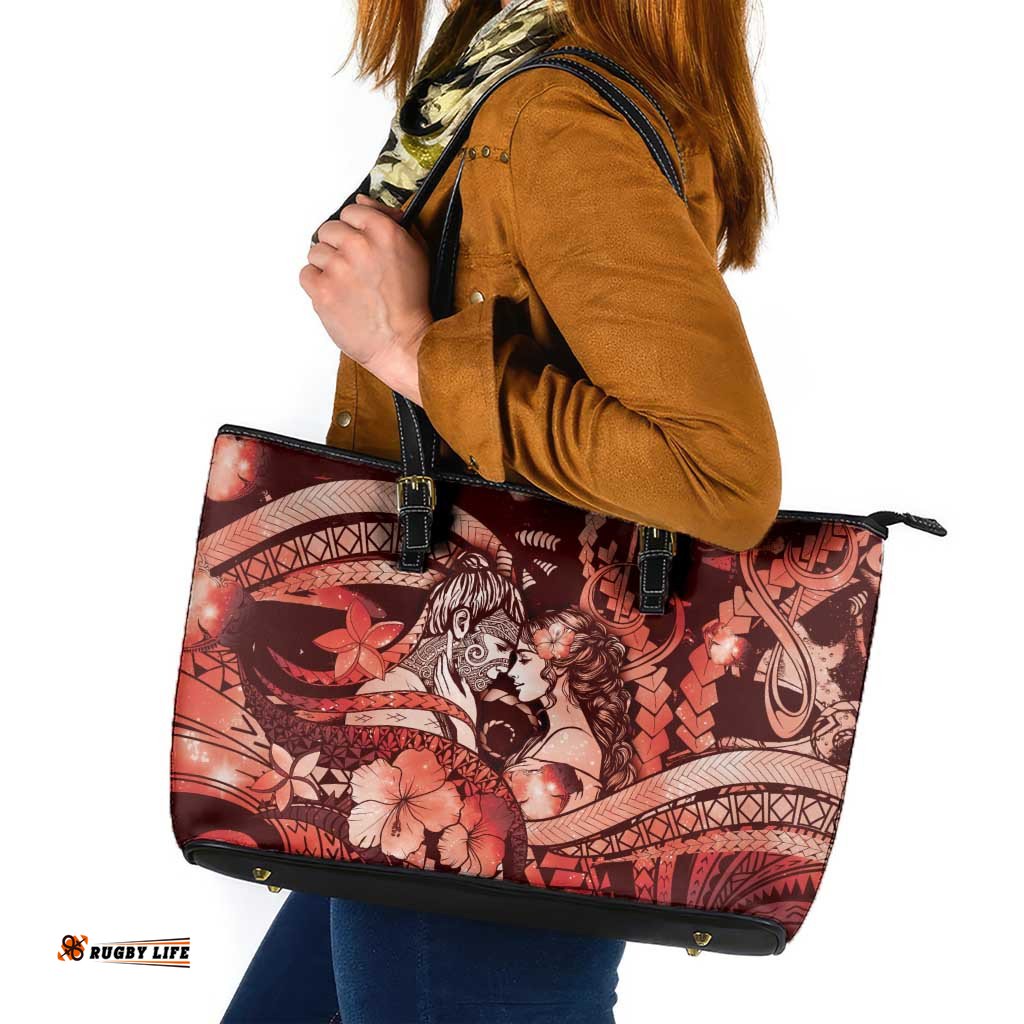 Maori Romantic Valentine Leather Tote Bag The Hongi Kiss Red Galaxy DT05
