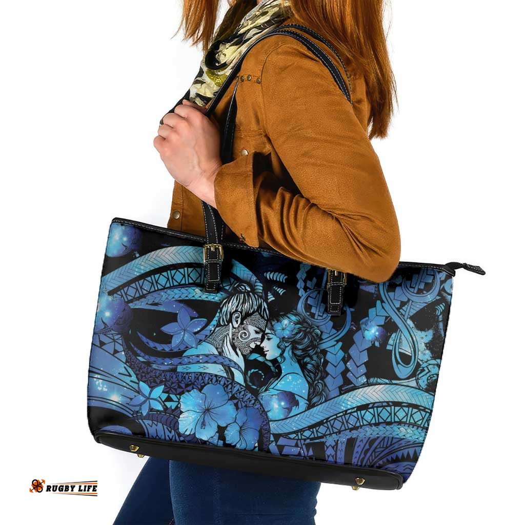 Maori Romantic Valentine Leather Tote Bag The Hongi Kiss Blue Galaxy DT05