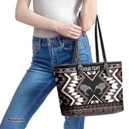 Personalised Taniko Motifs Aotearoa Leather Tote Bag Waitangi Kowhaiwhai Kiwi - Mocha LT7