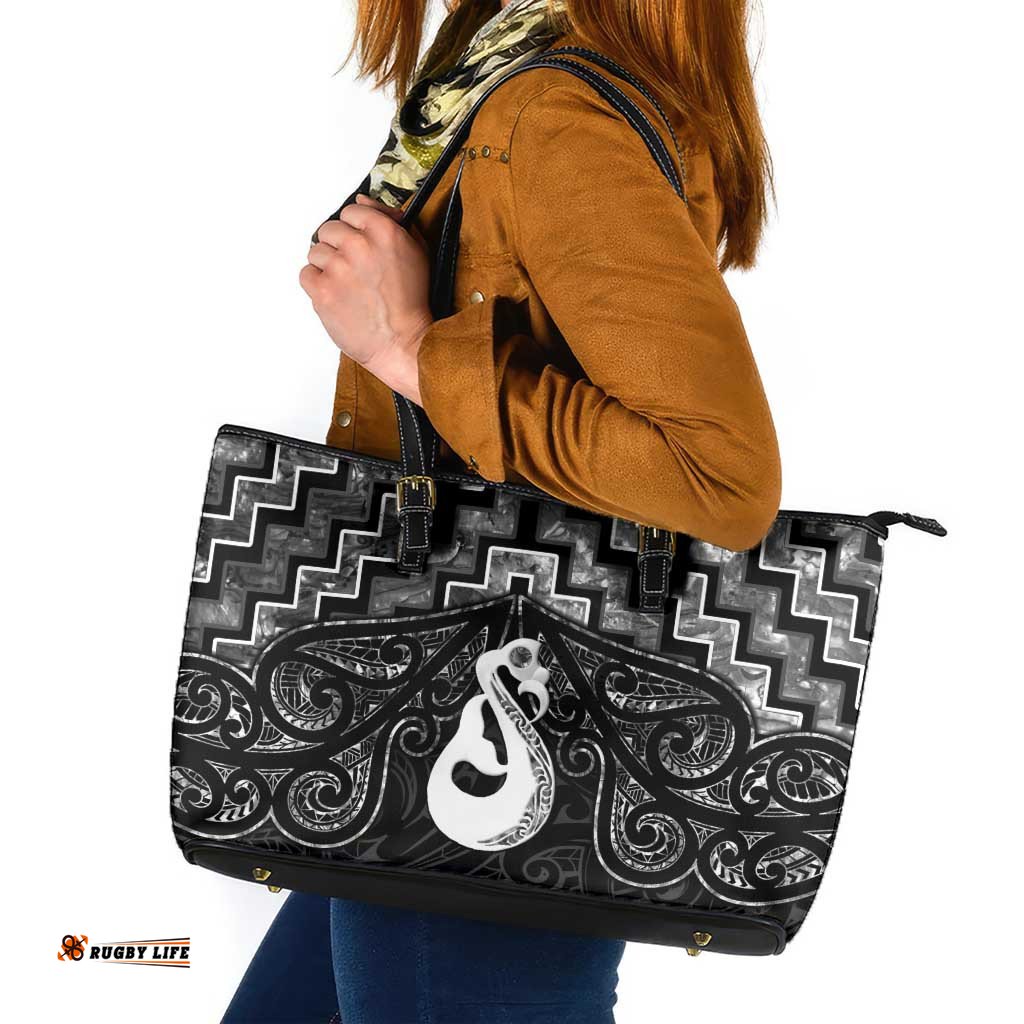 New Zealand Maori Leather Tote Bag Poutama Manaia Black Paua Shell LT05