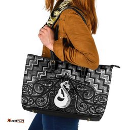 New Zealand Maori Leather Tote Bag Poutama Manaia Black Paua Shell LT05