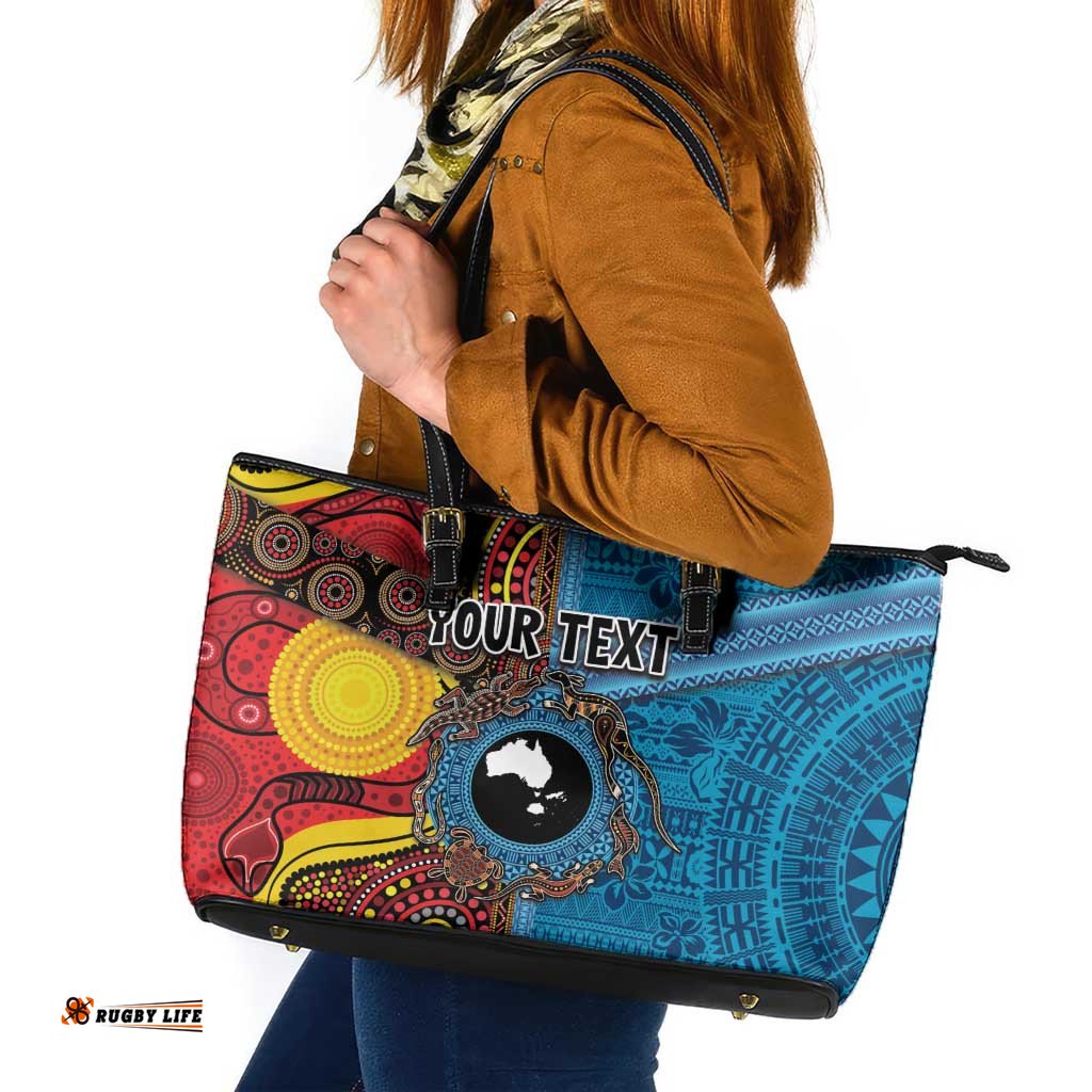 Personalised Australia and Fiji Together Leather Tote Bag Tribal Palm Tree with Tapa and Aboriginal Animals Half Style LT03