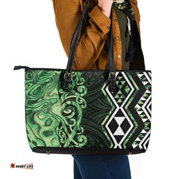 Green Aotearoa Leather Tote Bag Taniko Motifs With Paua Shell Kowhaiwhai LT14