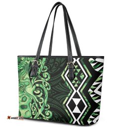 Green Aotearoa Leather Tote Bag Taniko Motifs With Paua Shell Kowhaiwhai LT14