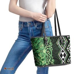 Green Aotearoa Leather Tote Bag Taniko Motifs With Paua Shell Kowhaiwhai LT14