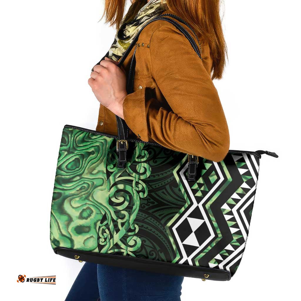 Green Aotearoa Leather Tote Bag Taniko Motifs With Paua Shell Kowhaiwhai LT14