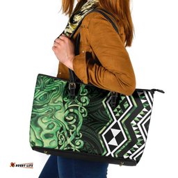 Green Aotearoa Leather Tote Bag Taniko Motifs With Paua Shell Kowhaiwhai LT14