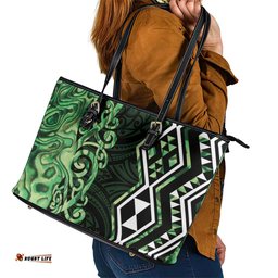 Green Aotearoa Leather Tote Bag Taniko Motifs With Paua Shell Kowhaiwhai LT14