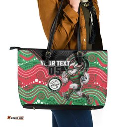 Custom Rabbitohs Leather Tote Bag Rabbit Mascot With Aboriginal Indigenous DT05