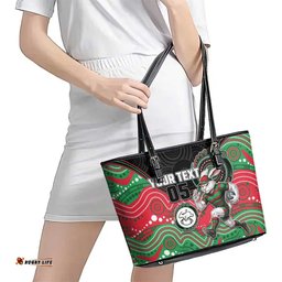 Custom Rabbitohs Leather Tote Bag Rabbit Mascot With Aboriginal Indigenous DT05