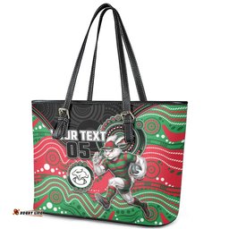 Custom Rabbitohs Leather Tote Bag Rabbit Mascot With Aboriginal Indigenous DT05