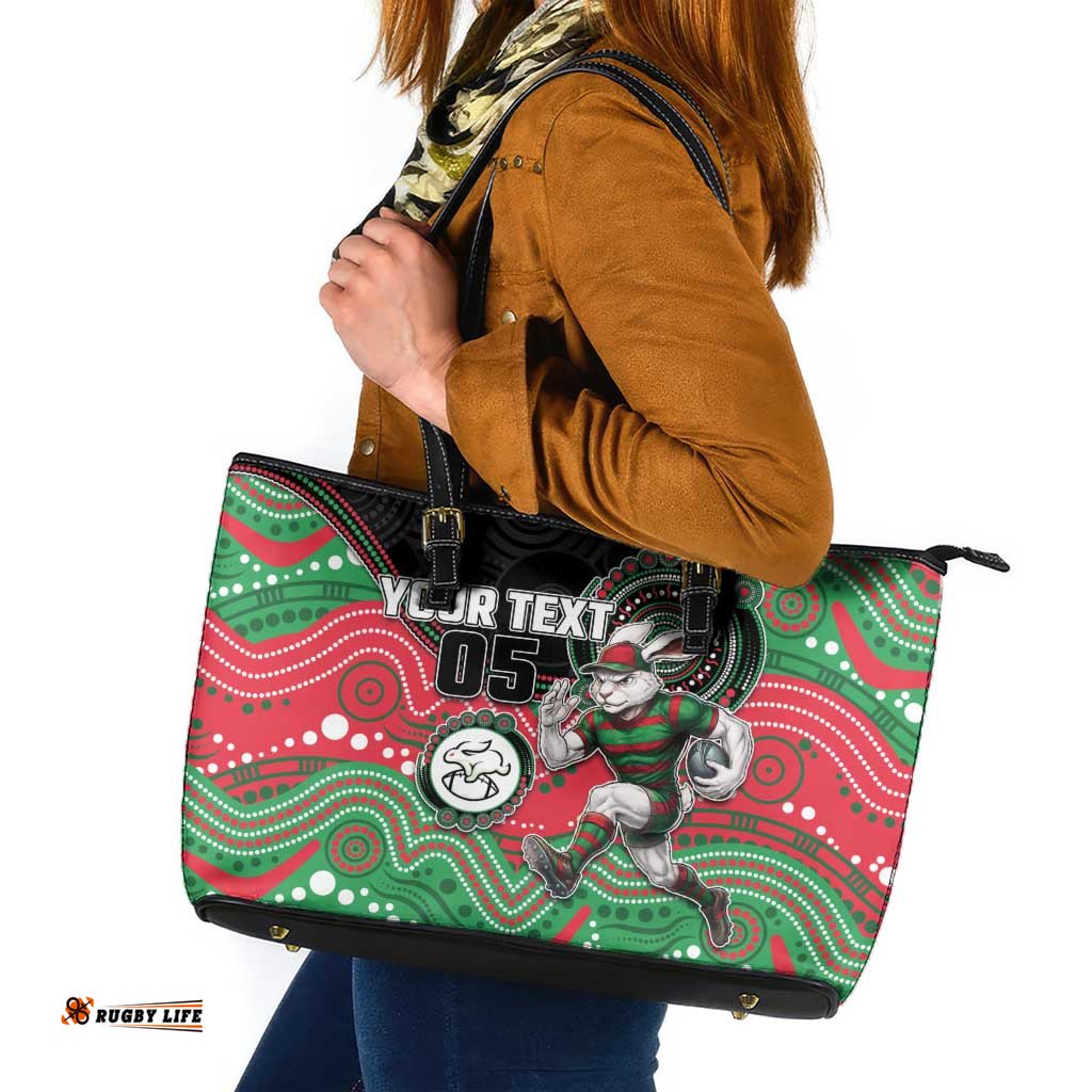 Custom Rabbitohs Leather Tote Bag Rabbit Mascot With Aboriginal Indigenous DT05