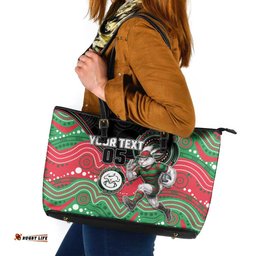 Custom Rabbitohs Leather Tote Bag Rabbit Mascot With Aboriginal Indigenous DT05