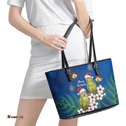 New Zealand Kakapo Christmas Leather Tote Bag Owl Parrot Santa Sliver Fern Manuka - Blue LT14