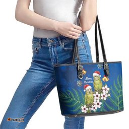 New Zealand Kakapo Christmas Leather Tote Bag Owl Parrot Santa Sliver Fern Manuka - Blue LT14