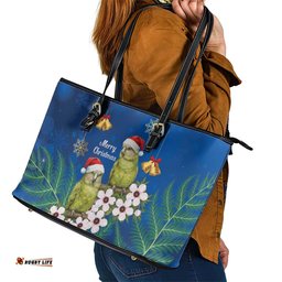 New Zealand Kakapo Christmas Leather Tote Bag Owl Parrot Santa Sliver Fern Manuka - Blue LT14
