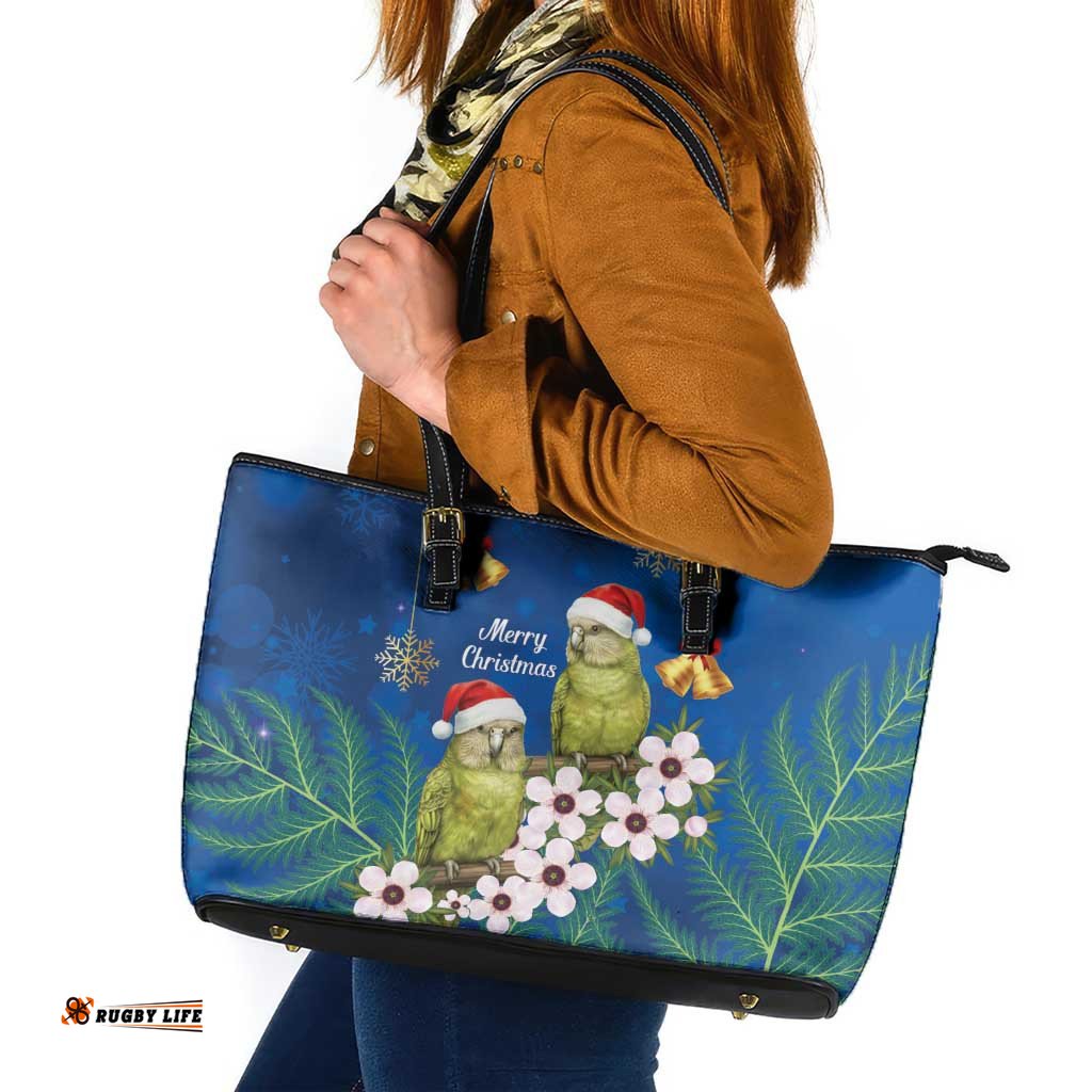New Zealand Kakapo Christmas Leather Tote Bag Owl Parrot Santa Sliver Fern Manuka - Blue LT14