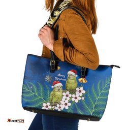 New Zealand Kakapo Christmas Leather Tote Bag Owl Parrot Santa Sliver Fern Manuka - Blue LT14