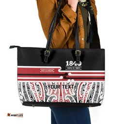 Personalised Toitu Te Tiriti Aotearoa 1840 Leather Tote Bag Red Kowhaiwhai Puhoro LT9