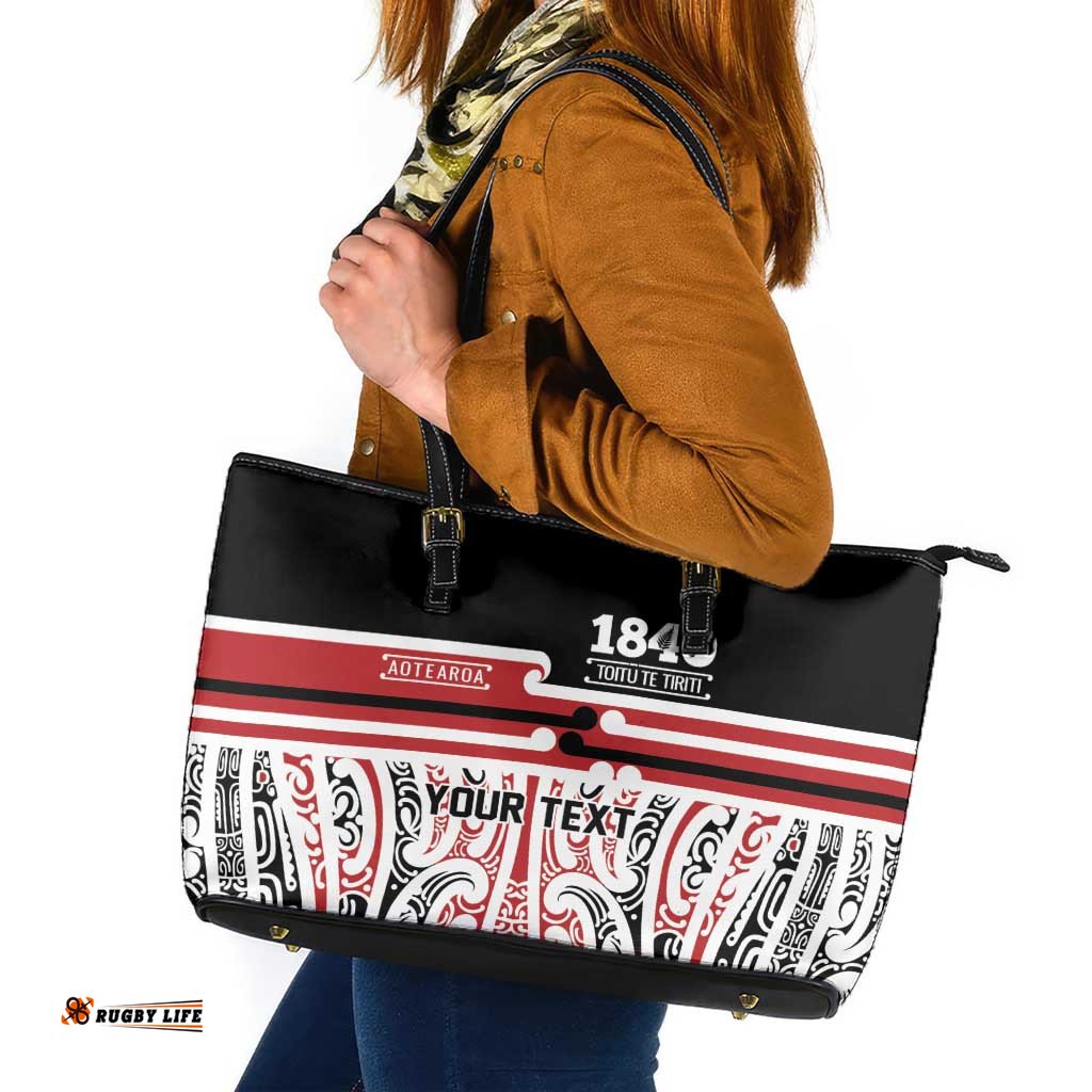 Personalised Toitu Te Tiriti Aotearoa 1840 Leather Tote Bag Red Kowhaiwhai Puhoro LT9