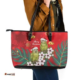 New Zealand Kakapo Christmas Leather Tote Bag Owl Parrot Santa Sliver Fern Manuka - Red LT14