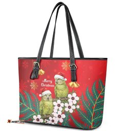 New Zealand Kakapo Christmas Leather Tote Bag Owl Parrot Santa Sliver Fern Manuka - Red LT14