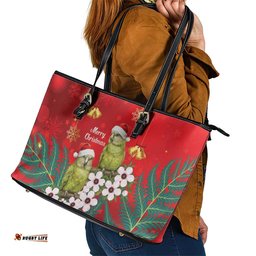 New Zealand Kakapo Christmas Leather Tote Bag Owl Parrot Santa Sliver Fern Manuka - Red LT14
