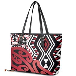 New Zealand Leather Tote Bag Aotearoa Kowhaiwhai Mix Taniko Art - Red LT14