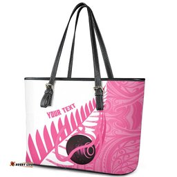 New Zealand Lawn Bowls Breast Cancer Custom Leather Tote Bag Aotearoa Maori Silver Fern Pink Ribbon LT14