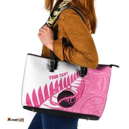 New Zealand Lawn Bowls Breast Cancer Custom Leather Tote Bag Aotearoa Maori Silver Fern Pink Ribbon LT14