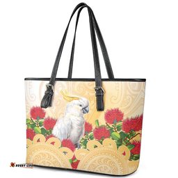 New Zealand Aotearoa Cockatoo Leather Tote Bag Maori Pattern With Pohutukawa Flowers LT05