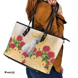 New Zealand Aotearoa Cockatoo Leather Tote Bag Maori Pattern With Pohutukawa Flowers LT05