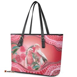 Indigenous Pink Galah Australia Leather Tote Bag Australian Hakea Aboriginal Art Proud LT14
