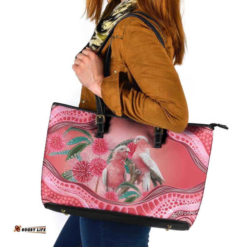 Indigenous Pink Galah Australia Leather Tote Bag Australian Hakea Aboriginal Art Proud LT14