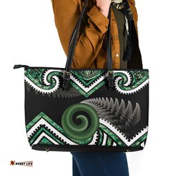 Koru Pounamu Aotearoa Leather Tote Bag Maori Paua Shell Mix Silver Fern LT14